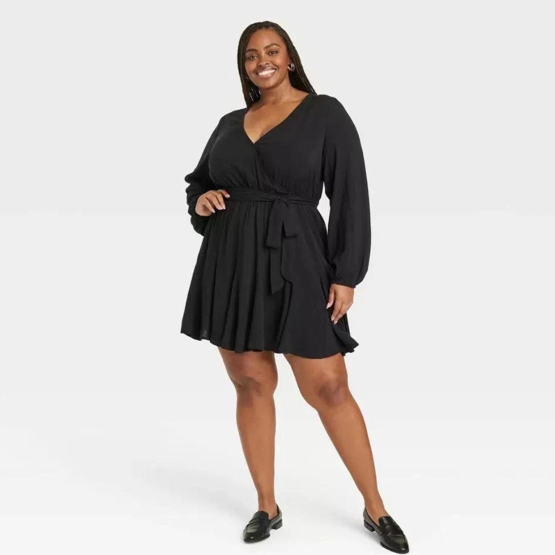 Women's Plus Size Balloon Long Sleeve Woven Dress - Ava & Viv Black Size 4X