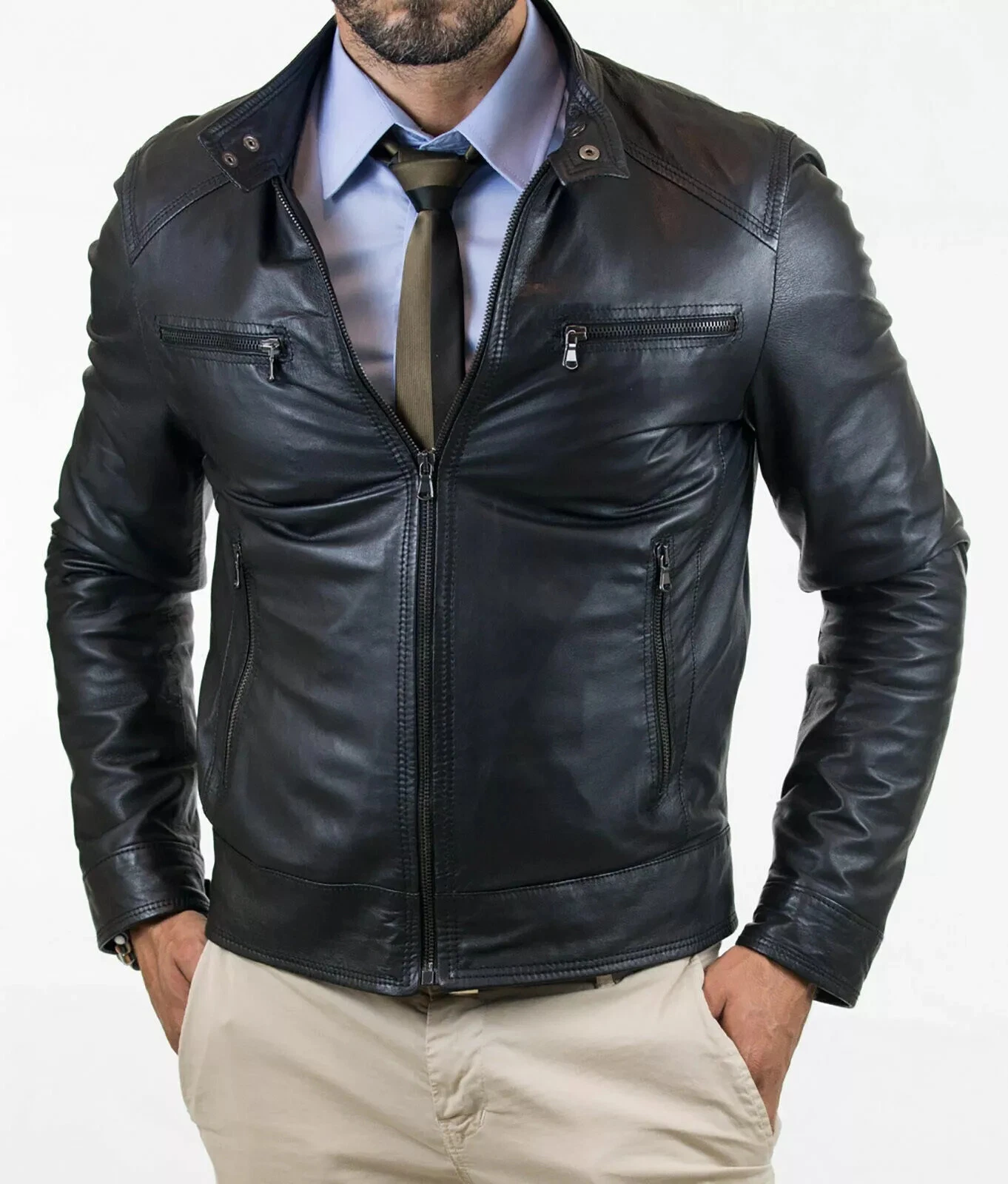 Black Leather Jacket for Men Pure Lambskin Biker Moto Size XS S M L XL XXL- 171