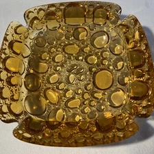 Amber Glass  Bubbles Square Shape 6" Cigar Cigarette Ashtray Vintage MCM Atomic