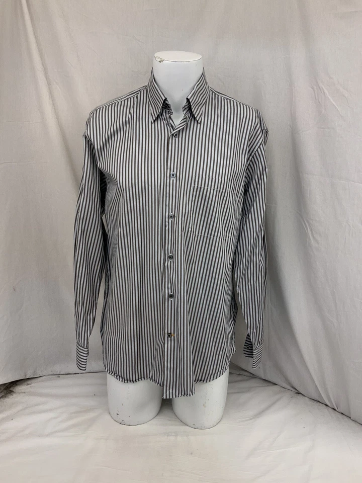 Camisa Robert Talbott L Gris Rayas 100% Algodón Botón Frontal YGI N2-384 Foto 2 de 4