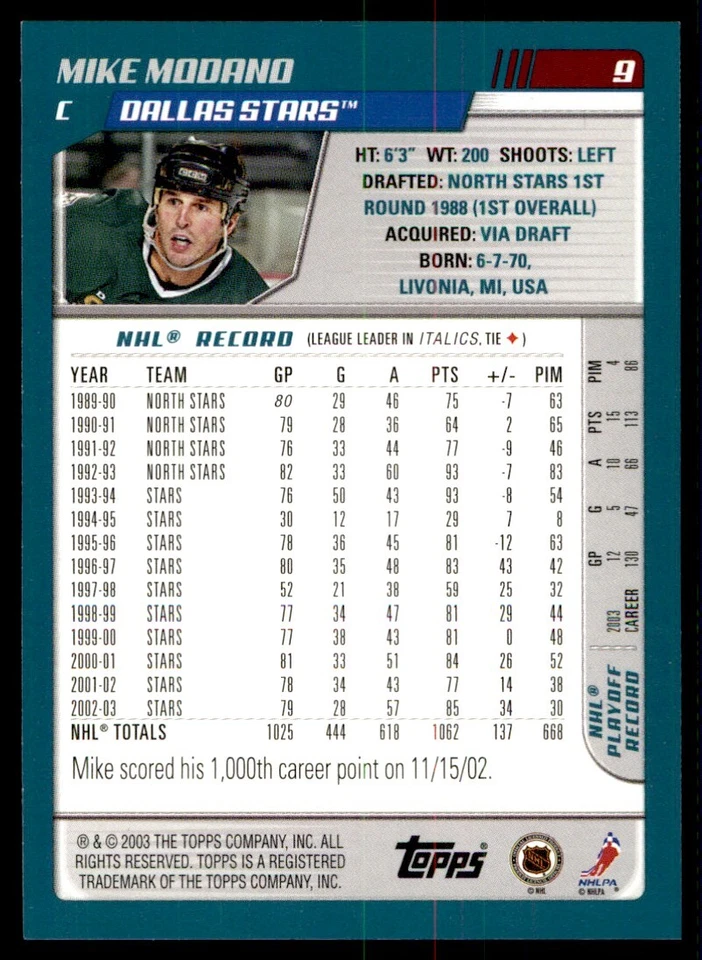 2003-04 Topps Mike Modano Dallas Stars #9 - Image 2 of 2