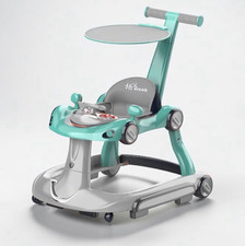 7-in-1 Foldable Baby Walker with Wheels, Feeding Tray, Music, Lights, Canopy