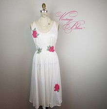 Vintage 1950's Gorgeous White Slip with Pink Rose Lace Appliques by Van Raalte