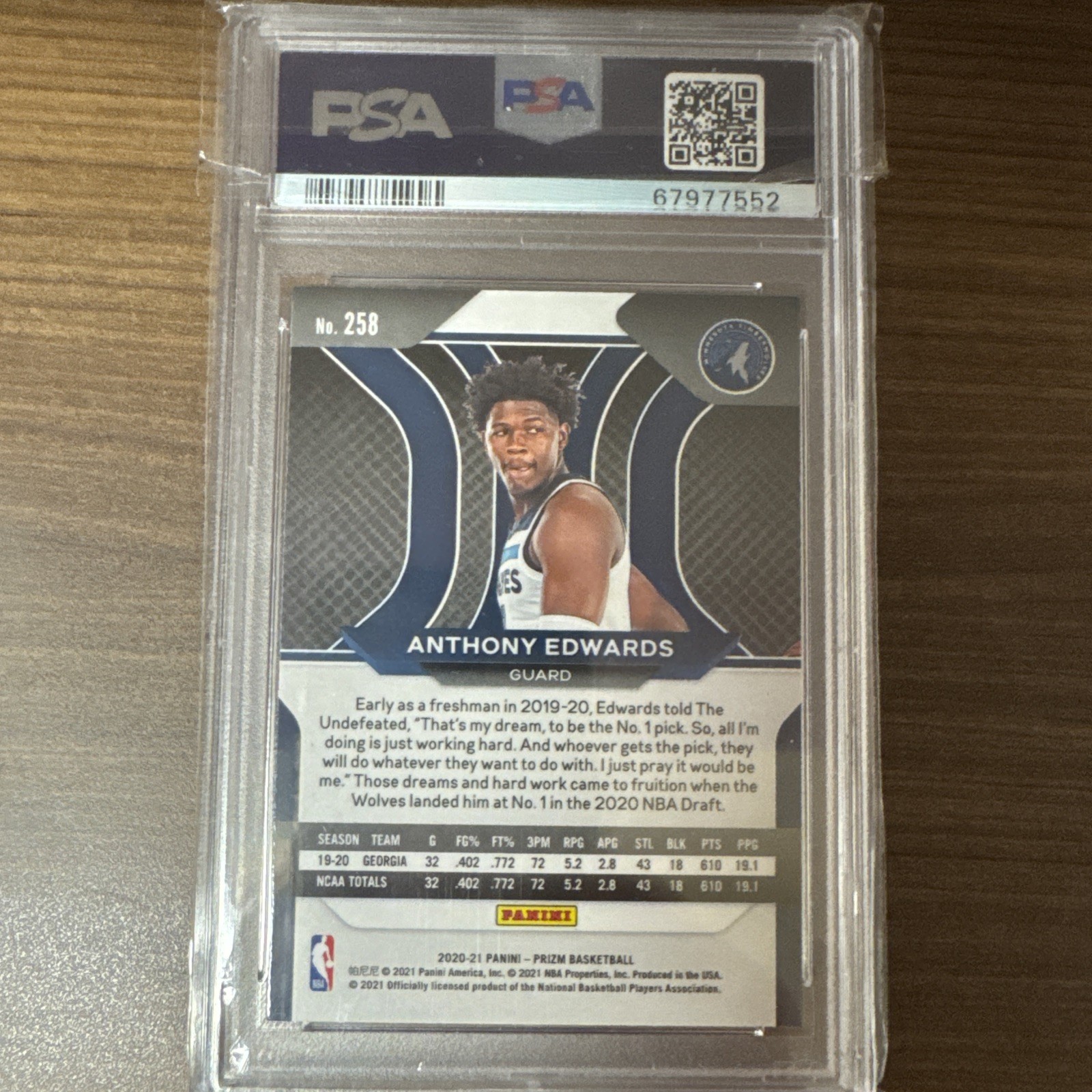 2020-21 Panini Prizm Anthony Edwards #258 (RC) PSA 9 view 4