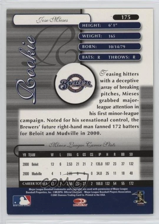 2001 Donruss Elite Rookie /1000 Jose Mieses #175 Rookie RC - Image 2 of 2