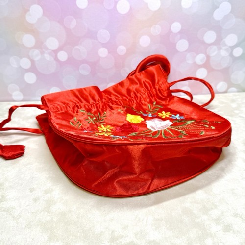Rote Satin Blume Kordelzug Handtasche-Vintage asiatisch bestickt Umhängetasche - Bild 3 von 9