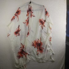 Womens Floral Kimono Wrap Ivory Orange Lily Print Sheer Beach Coverup One Size