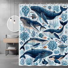 Whale and Coral Shower Curtain Ocean Fish Print