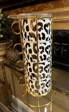 4 Grace Teaware Nesting White Fine Porcelain Mugs 8 oz Gold Cheetah Leopard Set