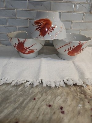 3 Vintage Ebi Serving Bowl Lobster Shrimp Prawn Mid Century 1950s Hand Painted 