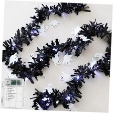 Halloween Decorations Tinsel Garland with Ghost Fairy Lights 6.6ft, Shiny White