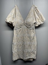 GUESS Women’s Short Eyelet V-Neck Puff Sleeve Sheath Dress, Cream, Size 14