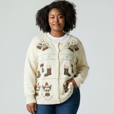 Vintage Bechamel Not Ugly Christmas Cardigan Sweater White Angels Stockings 2XL