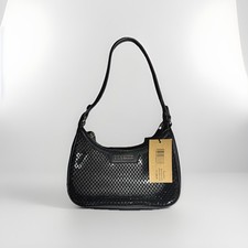 Steve Madden Women  s Black Solid Zip Shoulder Bag, Silver Hardware, Brand Card