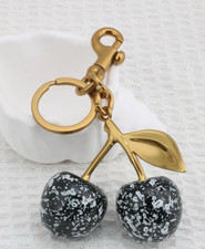 Black White Speckled Cherry Gold Hardware Keychain Bag Charm w/Premium Dustbag