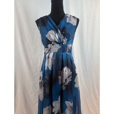 Tropical Blue Floral Chiffon Maxi Dress Sleeveless V-Neck Size Small