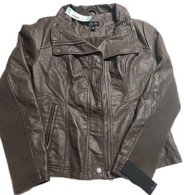 RD Style Faux Leather Sz S Ponte Jacket Ribbed Knit Side Stretch Brown Biker NWT