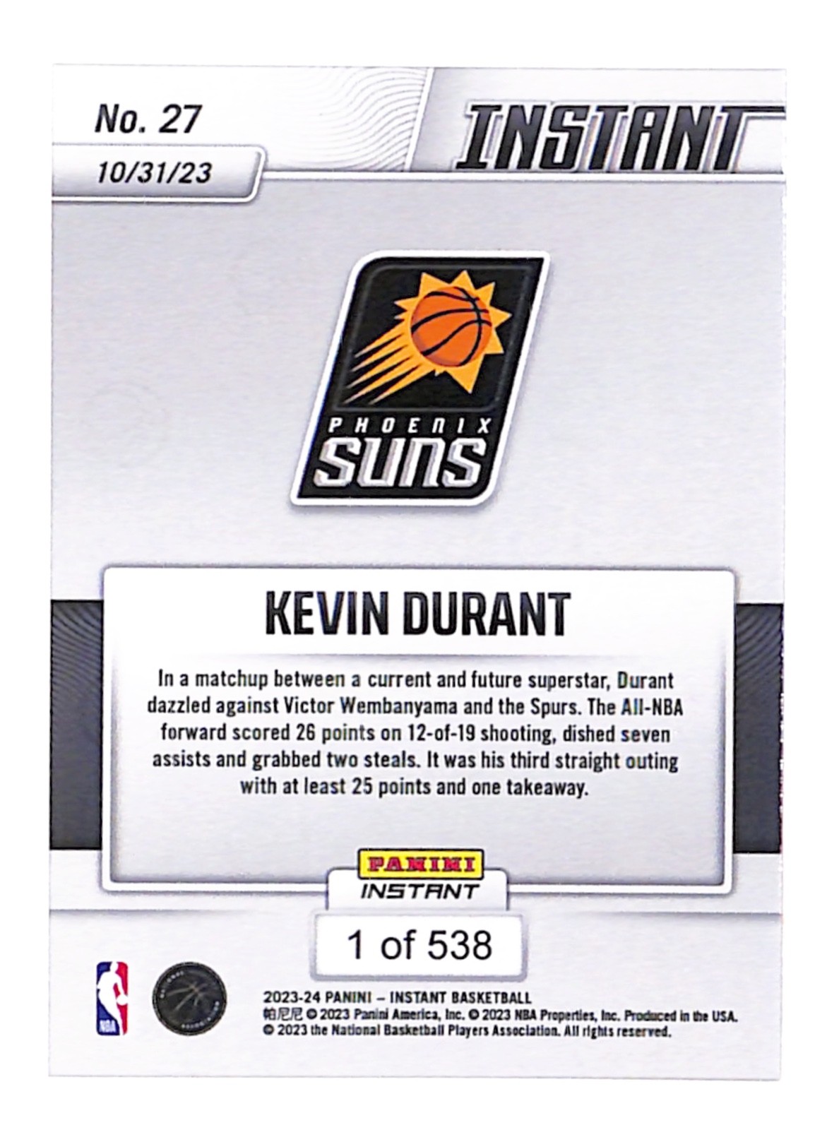 Kevin Durant / Victor Wembanyama 2023 Panini Instant NBA #27  - QTY