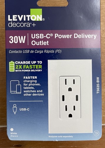 ⚡️Leviton Decora+ 30W USB Outlet Type-C w/Power Delivery - White NEW SEALED