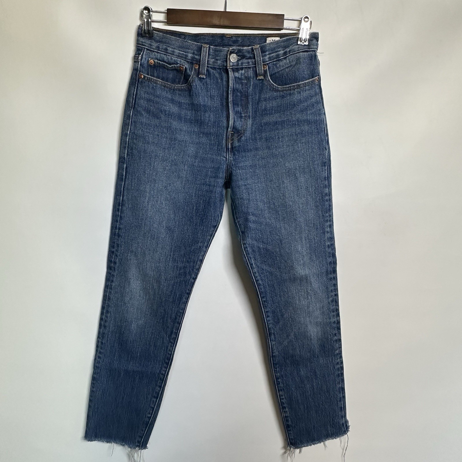 Levis Jeans Womens 27 Blue White Oak Cone Denim Raw Hem Button Fly 501