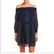 Alice + Olivia Pammy Mini Dress Eyelet Off Shoulder Smocked Navy Blue Size 8