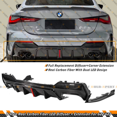 FOR 21-24 BMW G22 G23 430i K STYLE CARBON FIBER LED REAR DIFFUSER+SIDE ...
