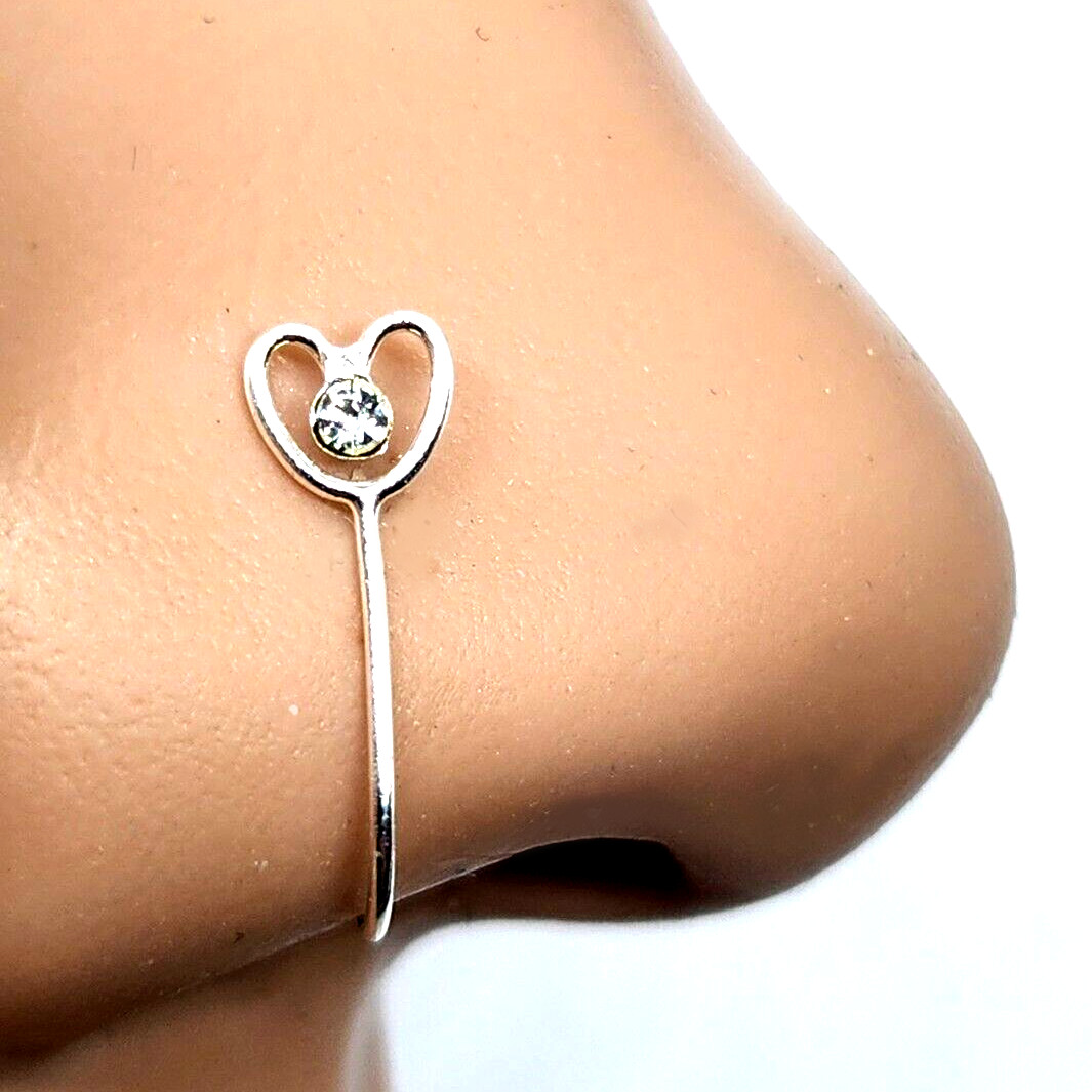 Heart Clip On Nose Stud Cuff Cubic Zirconia 925 Sterling Silver Fake Piercing