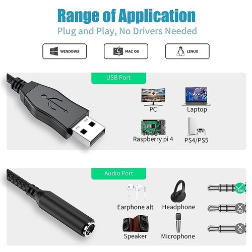 Carte Son USB 35 mm Femelle vers Mâle - Puce Intégrée Stéréo Externe TRRS 4 P... - Photo 2/7