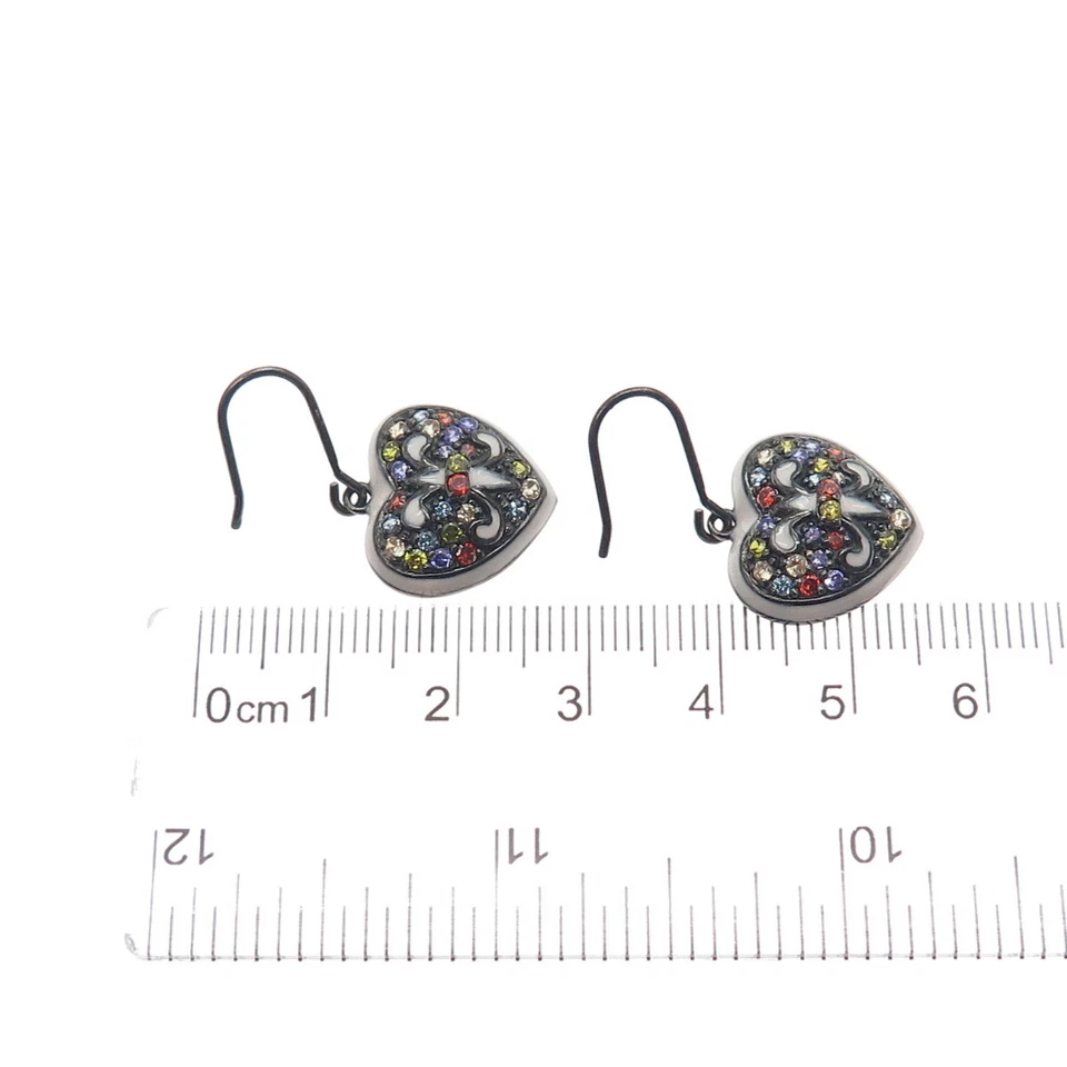 Pendientes colgantes de plata de ley 925 esmalte de rodio negro multicolor C Z corazón Foto 3 de 4