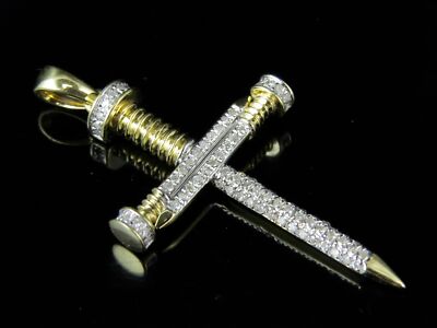 New Mens 10k Yellow Gold Nail Cross 0.33 Ct Genuine Diamond Charm Pendant 1.5''