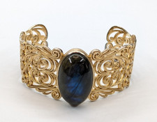 Bellezza Italy Labradorite Cabochon Openwork Gold Tone Bronze Cuff Bracelet