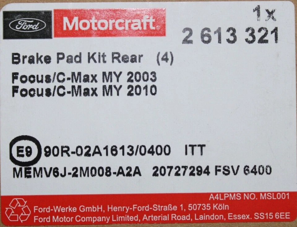 Pastillas de Freno Originales Trasero Ford Focus - C-Max 2613321 - Imagen 2 de 2