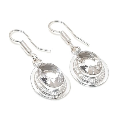 White Topaz Gemstone Handmade 925 Sterling Silver Jewelry Earring Size 1.5''