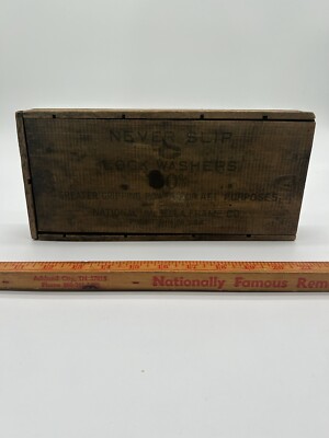 Vintage Never Slip Lock Washers Wooden Box Store Display National Umbrella Co 