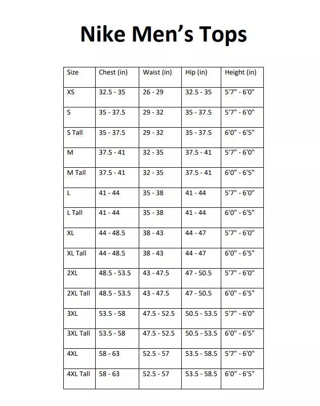 Nike mens tops size deals chart