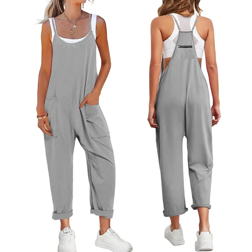 Womens Jumpsuits Loose Casual Rompers Sleeveless Spaghetti Strap Baggy Pockets - Picture 11 of 40