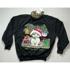 VTG USa Made 90s Cat Christmas Granny Sweatshirt Womens M Black Mock Neck NWT