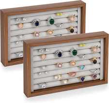 2 Pack Ring Organizer Tray, Wooden Ring Holder Display Case, Velvet Jewelry Tray