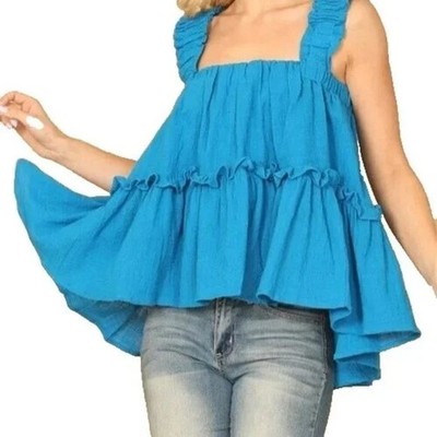 Blue Gauzy Layered Ruffle Cropped Cami Babydoll M