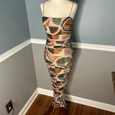 Privy Privately Privileged Green Pink Abstract Ruched Bodycon Maxi Dress M