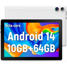 10.1 Inch Android 14 Tablet Octa-Core 64GB 5MP 8MP Dual Cameras Face ID WHITE