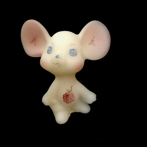 Fenton Mouse Figurine Berries Blossoms Hand Painted Satin Signed 3.5"