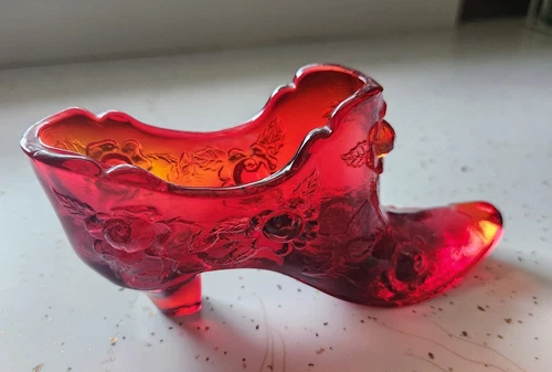 Vintage Fenton Red Amberina  Cabbage Rose Glass Slipper Shoe 6"