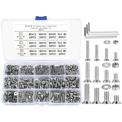 600-teiliges Set M3 M4 M5 Senkkopf-Flachkopfschrauben, Muttern & Unterlegscheiben