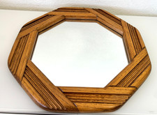 Vintage Mid Century Modern Walnut Octagon Wall Mirror 1970s Boho Wood Geometric