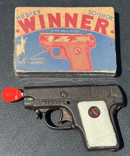 Vintage 1940s Rare Hubley Colt Logo Marked "WINNER" Toy Cap Gun Cast Iron W/ Box