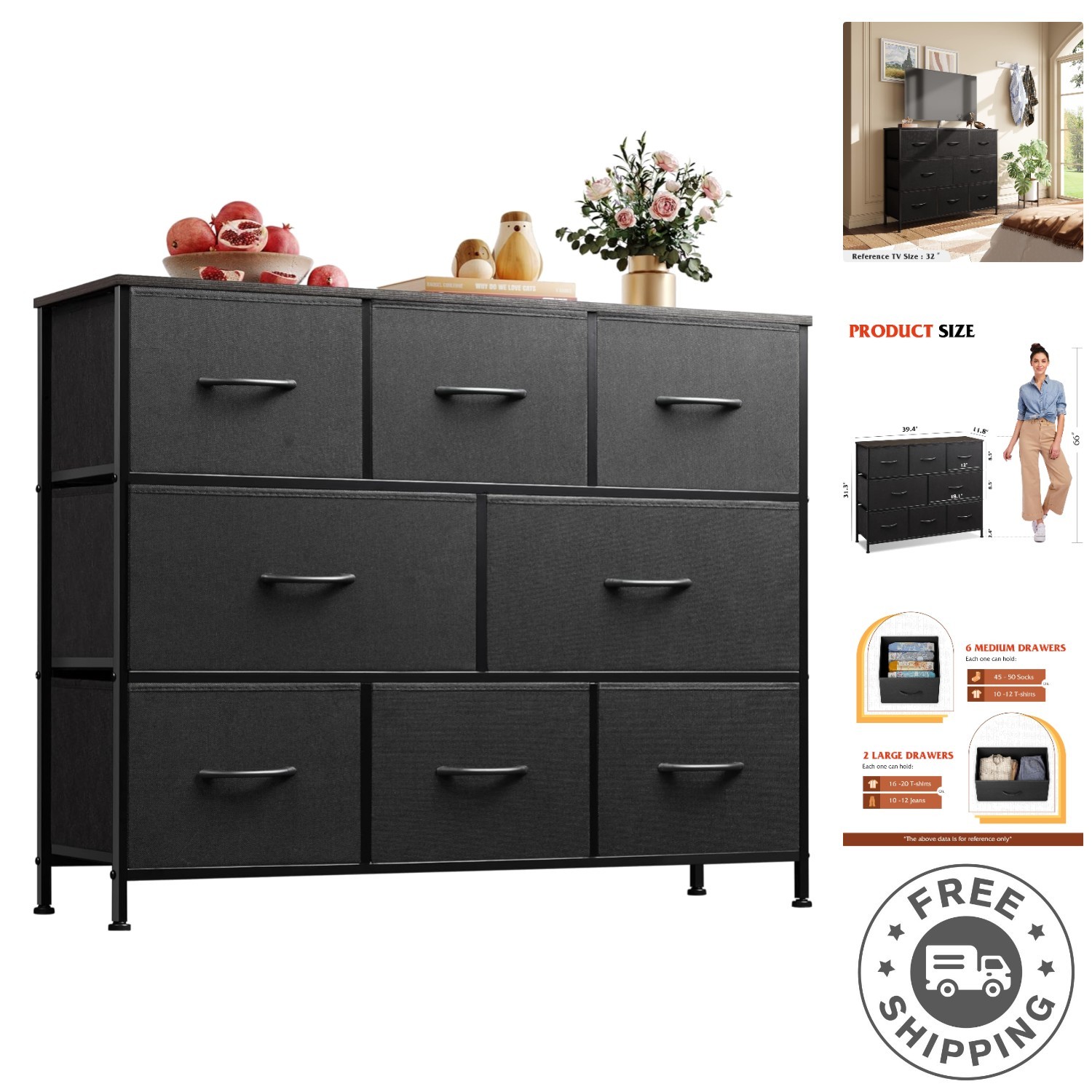 8 Drawer Dresser for Bedroom, Fabric Black Dresser with Large Storage Drawer Unit for Entryway, Chest of Drawers for Living Room 8 Drawer Dresser for Bedroom, Fabric Black Dresser with Large Storage Drawer Unit for Entryway, Chest of Drawers for Living Room