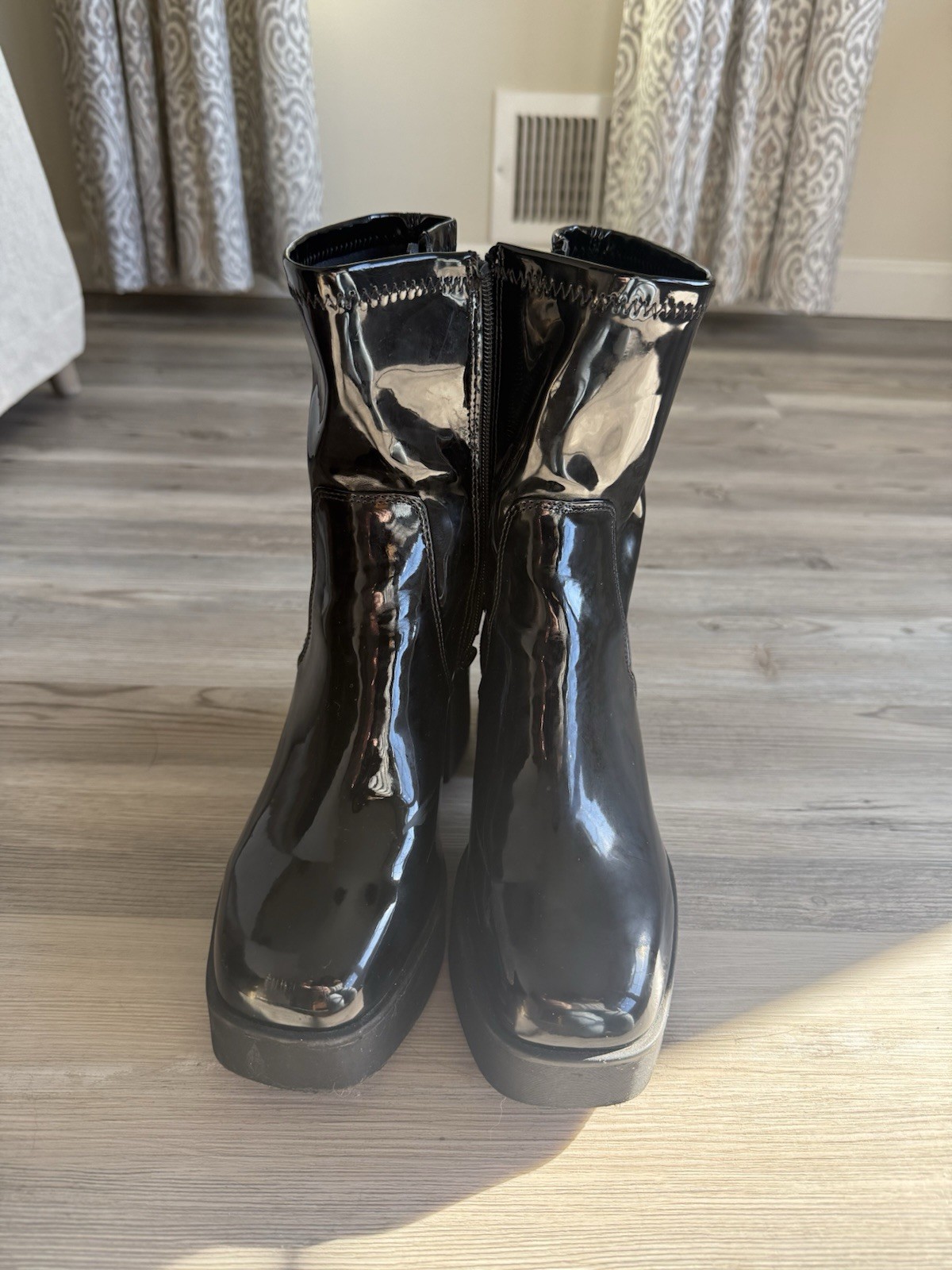 Black Patent Leather Platform Ankle Boots Block Heel Zip Closure Round Toe Women