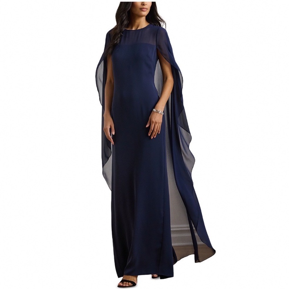 Lauren Ralph Lauren Navy Georgette Cape Gown Maxi Dress 14 NEW $265 5672664  | eBay