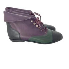 Vintage Leather LaceUp Ankle Boots Fold Down Purple Green Colorblock 8 Steampunk